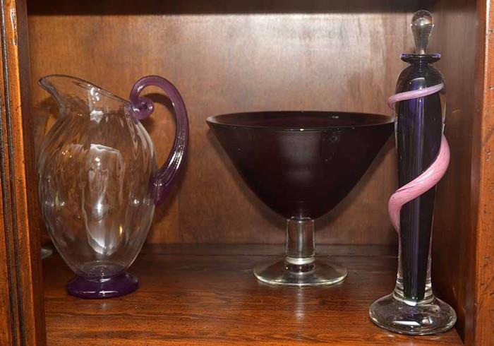 Lovely Collection of Purple Themed Art Glass (Pitcher, Pedestal Bowl, and Tall Perfume Bottle)