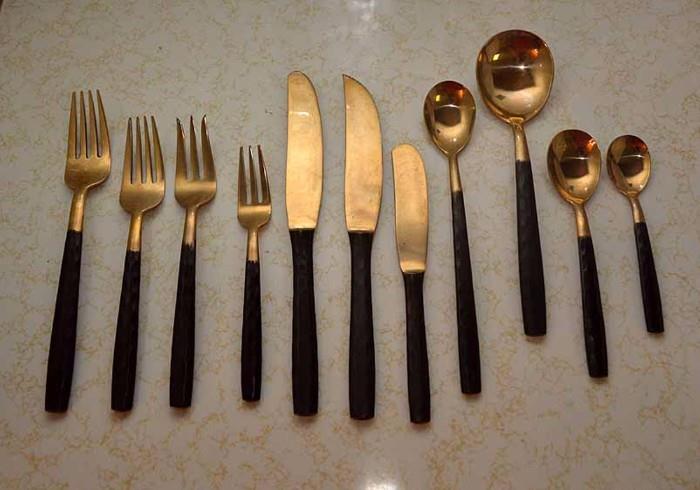 Brass Flatware Set from Thailand, 11 Pieces in Each Setting (Includes 8 Settings and 12 Serving Utensils)