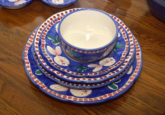 Large Set of Solimene Vietri Dishes, Campagna Pesce in Red/ Blue, (Made in Italy), Approx. 100 Pieces