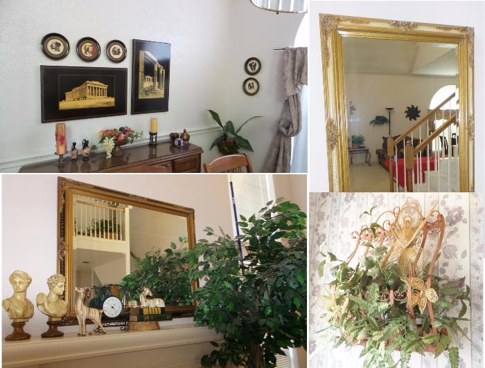 Home decor with artificial plants, framed mirrors, busts & plates