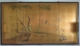 Vintage Japanese 4 Panel Silk Bamboo Bird Wall Screen Painting