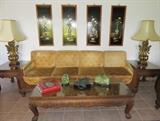 Beautiful Vintage Hand Carved Teak Living Room Set. Sofa, Coffee Table Set of 3 End Tables