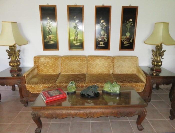 Beautiful Vintage Hand Carved Teak Living Room Set. Sofa, Coffee Table Set of 3 End Tables