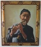Vintage Oil Painting Old Chinese Man with Opium Pipe Artist Signed, Four Moon 24 x 28 with frame.