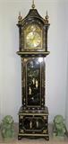Vintage Black Lacquer Grandfather Clock (Mother Clock Cabinet) with Mother of Pearl Inlaid. Clock works, Western Germany