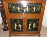 Vintage Teak Black Lacquer Soapstone Asian Design Cocktail Bar