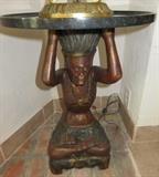 Pair Wood Carved Male Aborigine Green Marble Top Tables 