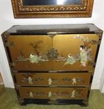 Black/Gold Lacquered Oriental Chest with Soapstone Figures