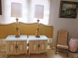 White Gold Trim French Provincial Matching King Size Head Board, Night Stands