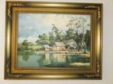 Vintage Oil Painting Hong Kong Village Lake Scene. Artist Signed, Weijang