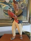 1950s Japanese Hakata Urasaki Doll Man Holding Baby with Wood Base