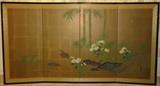 Vintage Japanese Silk Screen Painting with Quail & Bamboo