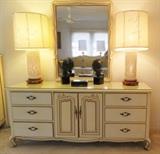 White Gold Trim French Provincial Triple Dresser with Mirror