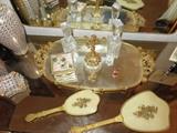 Vintage Gilt Glass Vanity Mirror Tray Set, Perfume Bottles, Capodimonte Trinket Box