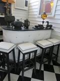 Vintage Mid Century Modern Black White Leather Cocktail Bar with Matching Stools
