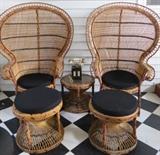 Pair Vintage 1960's Wicker Rattan Peacock Fan Back Chairs with Matching Table & Ottoman Foot Stools