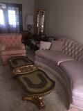 Gold ornate coffee table
Hollywood regency fringed sofa