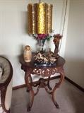 Carved wood end table, decorative tabletop