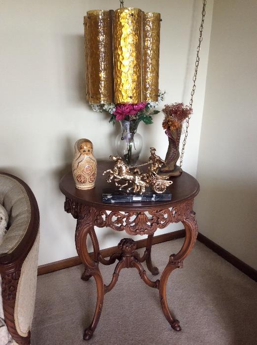 Carved wood end table, decorative tabletop