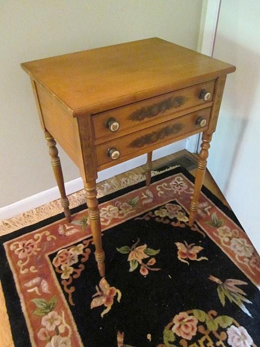 Signed Hitchcock two drawer stand and oriental area rug.