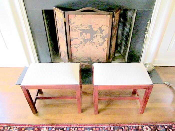 Pair Chippendale style stools and fire screen.