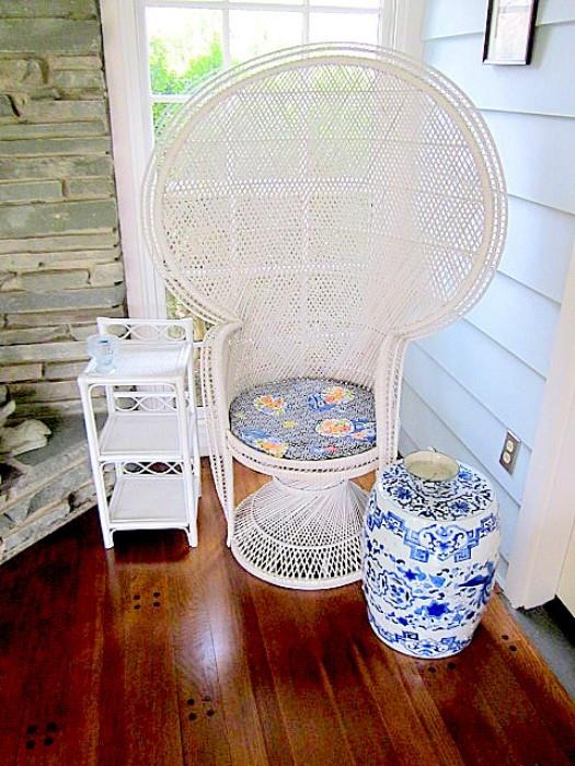 Wicker stand, king chair and garden seat.