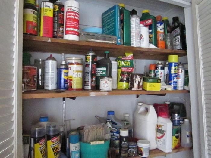 one shelf of many, of used and unused chemicals & etc.