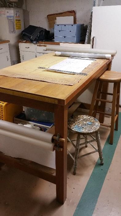 work table, stools