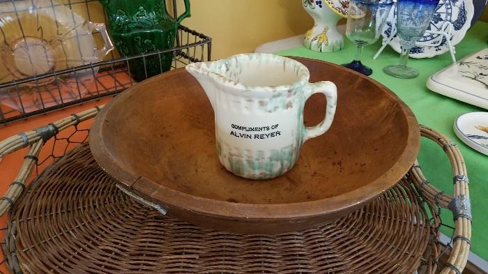 early spatterware pitcher - advertising piece....vintage maple bowl
