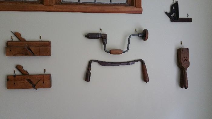antique tools...planes, drill, draw knife, square, press