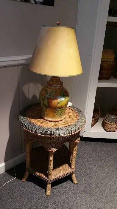 newer wicker table and pottery lamp