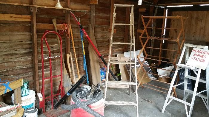 ladders...drying rack....hand truck....shop vac...other garage stuff