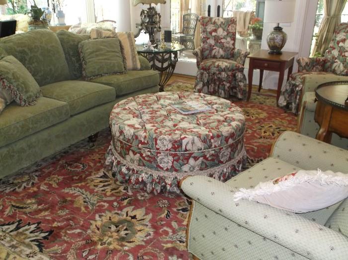 Cut velvet sofa and large round ottoman