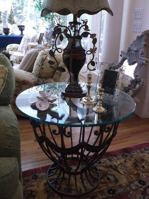 Round wrought iron glass top table 