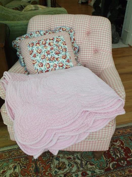 Pink gingham check chair w/tufted back
