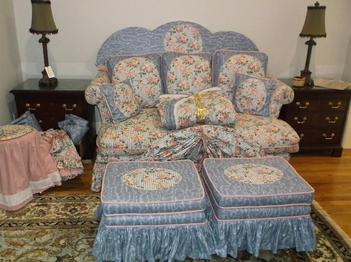 Love seat, pair of ottomans, stool, and accessories