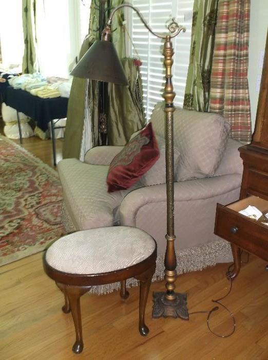 English stool and antique bridge lamp