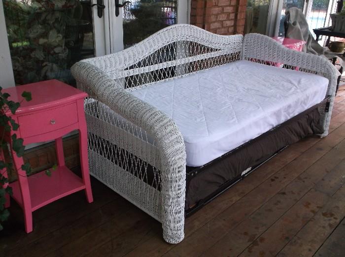 Wicker daybed w/trundle and pair of hot pink painted night stands