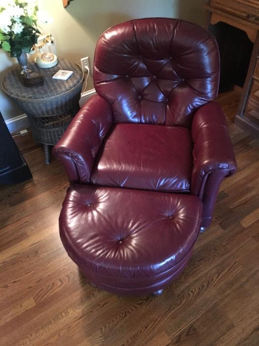 leather tufted chair and ottoman, wicker side table