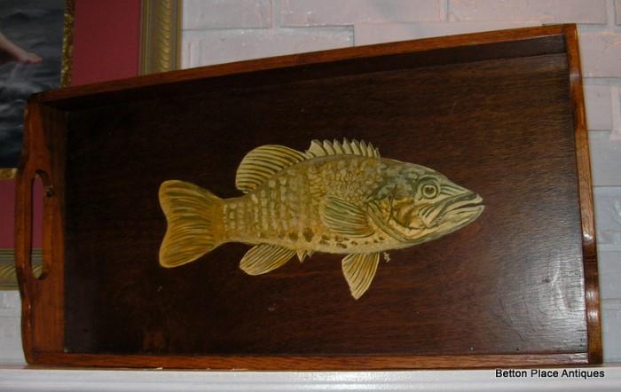 This is exquisite, Handmade wooden Tray, handled, and a hand-painted Bass on it....much nicer in person