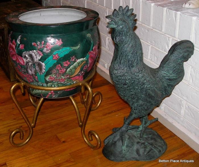 Koi Pot planter and Metal Hen