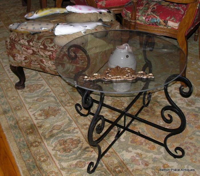 Metal Base, glass top, ottoman in the back and wall fish plaques