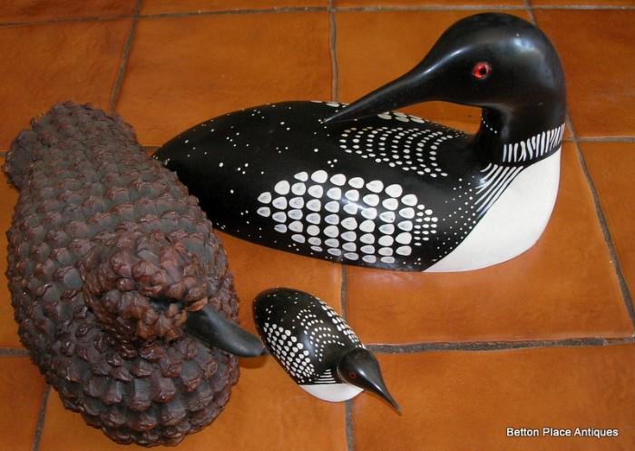 Loon Decoy with baby by M Rack, also hand made pine cone duck decoy
