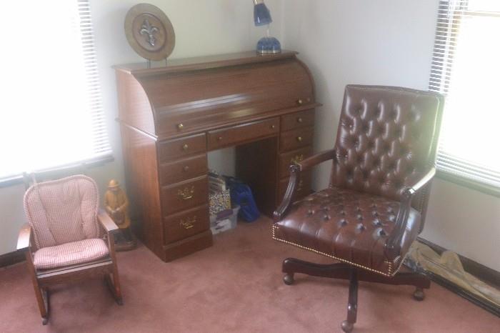Small Roll Top Desk, Leather Office Chair, Vintage Child's Oak Rocker