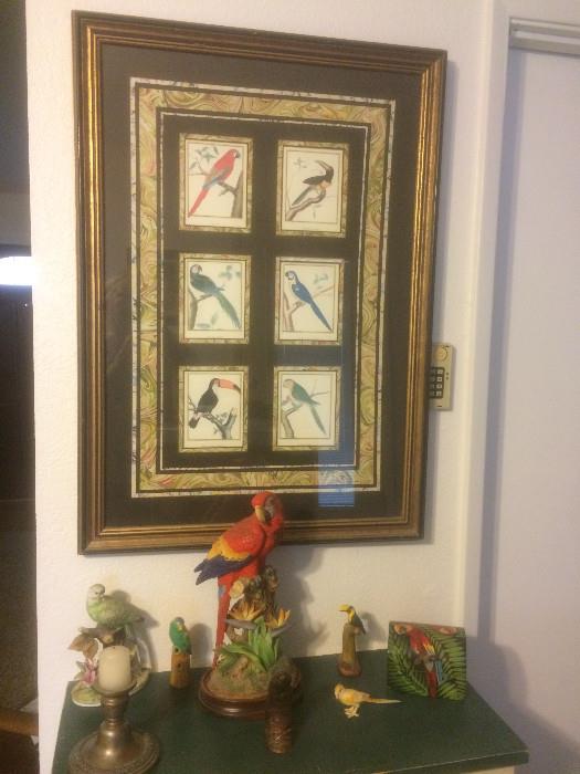 Framed exotic bird prints, Scarlet Macaw from Andrea by Sadek figurine 13.5", hand-carved parrot, vintage parrot flower holder, Costa Rican toucan figurine, parrot box,