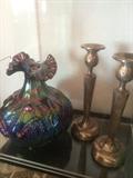 Signed Fenton Vase, sterling candlesticks