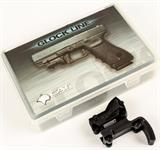 Lot #314, Firearm CAT Glock-Line Under-Rail Mount Laser
This CAT Aiming Devices Glock-Line Laser Sight will mount on all Glock models with lateral grooves. The Glock-Line Laser Sight is a compact laser sight that uses a semi-permanent mounting system that is designed to look and perform as part of your Glock pistol. Attached firmly to the lateral under-rail, the laser's slim profile matches that of the pistol, and features low profile integral quick access ambidextrous on-off switch. The laser sight is user-installed in minutes with full point of aim adjustment. Made of black polymer and uses one Lithium 3V (2032) battery (included) with a 160 minute continuous use battery consumption rate. Output Power is 5.5mW; Wavelength is 635 a 650 nm; Dispersion is approx. 1 inch to 99 yards; Range is 450m / 800 yds. in optimum conditions. New in Box. From the internet, “CAT semi-permanent duty grade polymer mounting system is functionally and esthetically designed to perform and look as part of