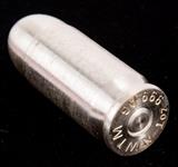 Lot #239, Coin 1 Troy Oz. (.999) Fine Silver 45 Cal. Bullet
A rare opportunity to own your own silver bullet – watch out werewolves! This 1 troy oz. of (.999) fine Silver is in the shape of a .45 caliber ammunition cartridge. The silver cartridge is marked on the bottom “NWTM – 1 oz 999 AG”. A very unique way to collect silver! No Sales Tax on Coins, Currency, or Bullion. Tag Words: Numismatics, Coins, Currency, Money, Collectable, Investment, Financial, Retirement