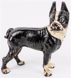 Lot #38, Vintage Cast Iron Boston Terrier Figurine Doorstop
Vintage cast iron Boston Terrier door stop or figurine. It appears to be a true old piece but has no maker marks that can be seen. Put together with the old flat blade screw. This is a must have for anyone who collects old cast iron figurines, door stops, dogs, advertising and general antiques. Shows some surface wear with chipped paint but has no dents or dings. Measures 8" tall x 7.5" wide. Tag Words: Intdes, doorstop, bookend, mascot