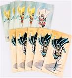 Lot #61, Lot of 10 Vintage 1960s Batman & Robin Litho DAVCO
ZAP, BAM, WOW; Holy graphics Batman! Lot of 10, 5 of each character, 1960s lithographs on cardboard of the Dynamic Duo, Batman and Robin. The color lithographs of these super heros in action were produced by DAVCO Productions of Peabody, MA. These pictures show some age toning, three of the Robin have some light stains at the the bottom edge, and a couple have some minor lifting of the litho off of the corners of the cardboard. However, they display beautifully and would make terrific decorations in a child's room or a man cave! Each measures 15" tall x 7" wide. From Wikipedia: "Batman is a 1960s American live action television series, based on the DC comic book character of the same name. It stars Adam West as Batman and Burt Ward as Robin — two crime-fighting heroes who defend Gotham City from a variety of villains. Batman has been adapted into such media as film, radio, television, and video games, as well as numerous merch